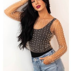 Nude Pearl And Rhinestone Detail Sheer Mesh Top Size Medium